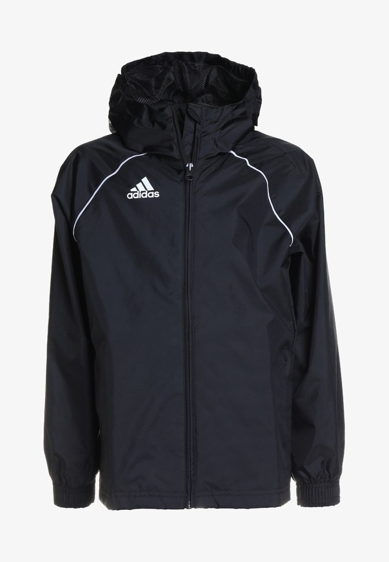 Veste coupe-vent noire avec une fermeture éclair à l'avant, capuche réglable, poignets élastiques et accents blancs avec un logo Adidas sur le côté gauche de la poitrine.
