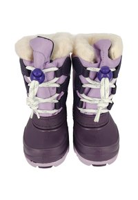 Lila Winterstiefel mit weicher beiger Innenauskleidung, strukturiertem Stoff und elastischen Schnürsenkeln. Verfügt über einen lila Zugverschluss und eine robuste Gummisohle.