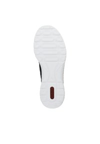 Semelle de chaussure en caoutchouc blanc avec un motif de la semelle circulaire, accents latéraux noirs et un petit logo rouge sur le talon. Conception durable pour une adhérence optimale.