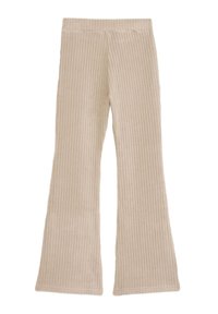 Beige ribbed flared pants made from soft fabric, featuring vertical lines, an elastic waistband, and plain edges without embellishments.