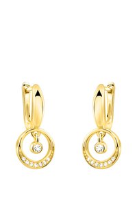 Guldtonade örhängen med sammanflätade cirkulära mönster, prydda med en central kristall och mindre kristaller längs den nedre cirkeln.