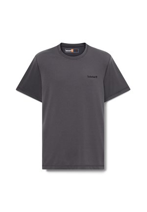 Mørkegrå kortærmet T-shirt med rund hals og lille sort Timberland-logo på venstre bryst.