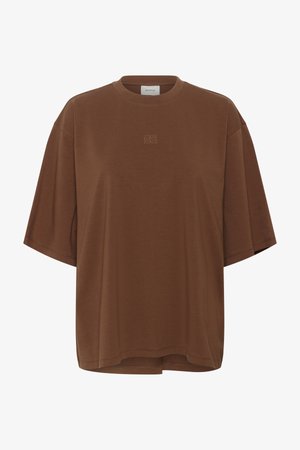 Tricou maro oversize cu mânecă scurtă, guler rotund și broderie mică a logo-ului centrat pe piept.