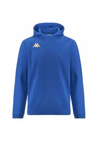 Felpa blu realizzata in morbido tessuto, con tasca frontale, polsini a costine e un iconico logo beige Kappa sul petto.