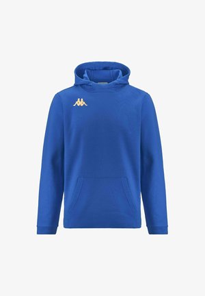 Felpa blu realizzata in morbido tessuto, con tasca frontale, polsini a costine e un iconico logo beige Kappa sul petto.
