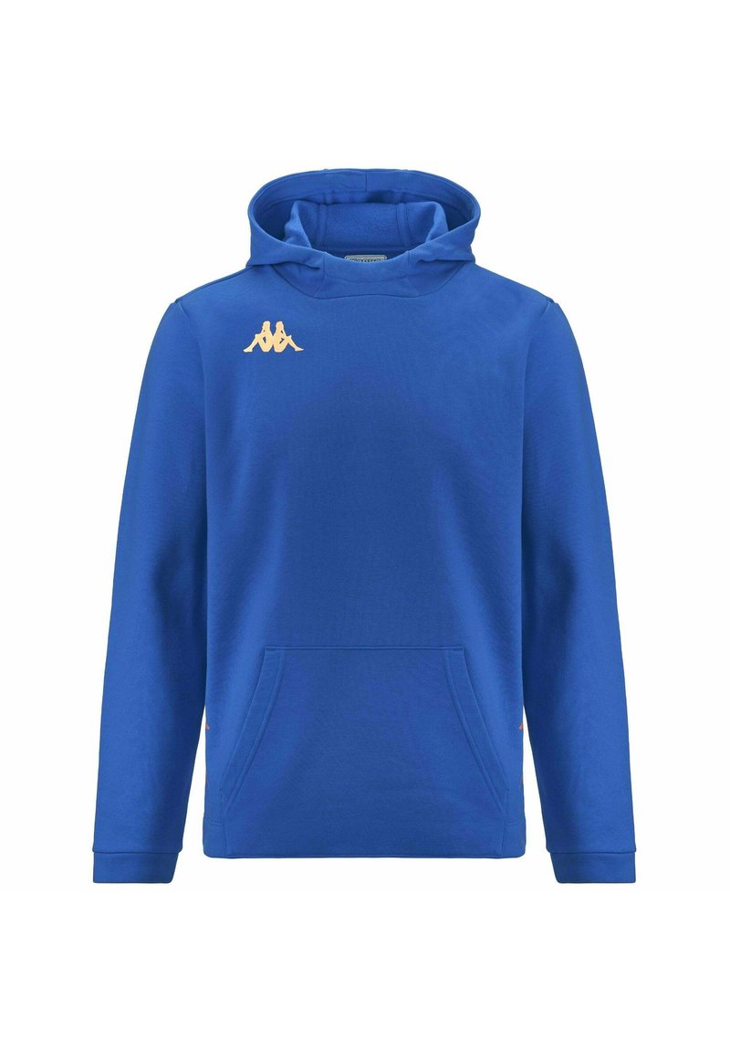 Felpa blu realizzata in morbido tessuto, con tasca frontale, polsini a costine e un iconico logo beige Kappa sul petto.