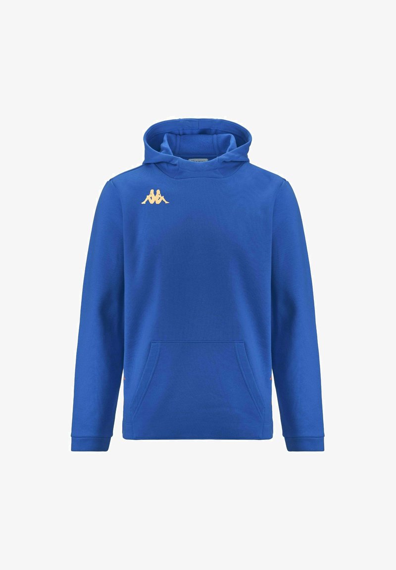Felpa blu realizzata in morbido tessuto, con tasca frontale, polsini a costine e un iconico logo beige Kappa sul petto.