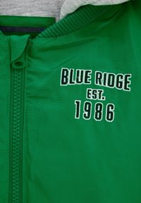 Zelena najlon jakna s prednim zatvaračem, s izvezenim tekstom "BLUE RIDGE EST. 1986" u kontrastnoj bijeloj i crnoj boji. Siva podrubna dukserica.