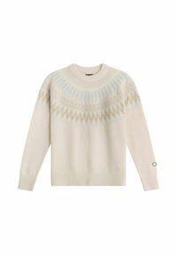 Crème-kleurige trui met een ronde yoke ontwerp in schakeringen van blauw en beige. Zachte textuur, geribbelde manchetten en zoom.