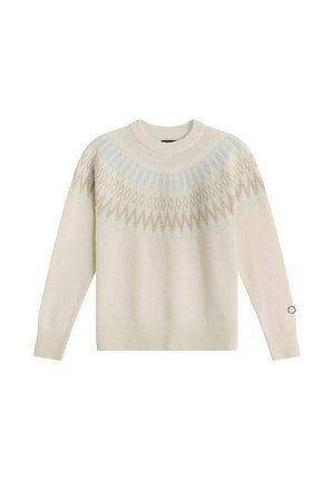 Krämfärgad tröja med en cirkulär yoke-design i nyanser av blått och beige. Mjuk textur, ribbade ärmslut och nederkant.