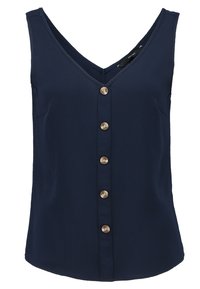 Mörkblå ärmlös topp med V-ringning och framknäppning. Har sex runda knappar och ett slätt, texturerat tyg.
