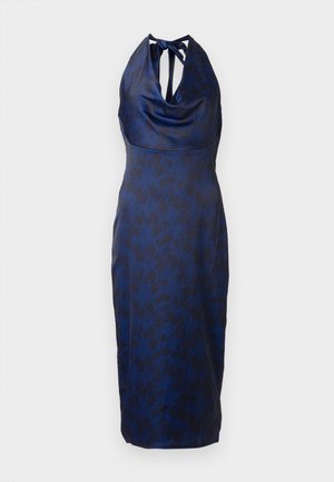 Námorníckomodrá halterneck šaty z hodvábu s volánovým výstrihom a kvetinovým vzorom, s viazaním na chrbte a priliehavým strihom.