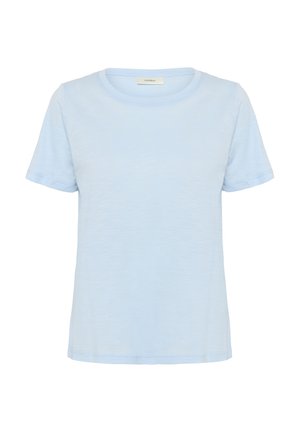 Tricou bleu deschis cu mânecă scurtă și decolteu rotund, realizat dintr-un material moale, texturat. Are o croială lejeră și un design simplu.