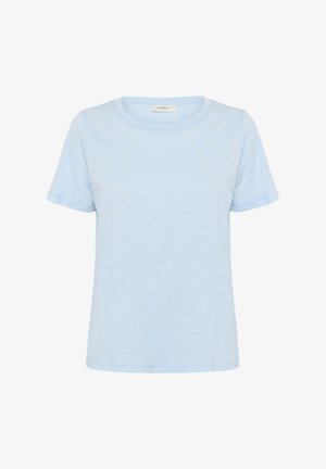 Lys blå kortærmet t-shirt med rund halsudskæring, lavet af et blødt, tekstureret stof. Den har en afslappet pasform og et enkelt design.