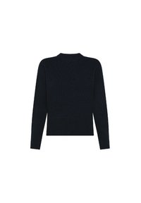 Maglione lavorato a maglia blu marino con maniche lunghe, scollatura tonda e orlo a coste. Presenta un motivo testurizzato sulla schiena e sul corpo.