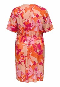 Floral wrap dress in vibrant orange, pink, and peach hues; lightweight fabric, short sleeves, belted waist, and loose fit.