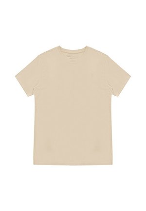 Beżowy t-shirt z krótkim rękawem i okrągłym dekoltem, rozłożony na płasko, pokazujący przód bez widocznych logo lub wzorów.