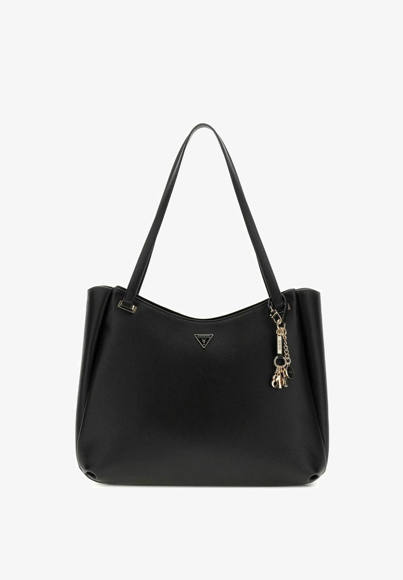 Sac à main en cuir noir texturé avec deux bretelles, un petit logo triangulaire au centre et des porte-clés dorés suspendus sur le côté.
