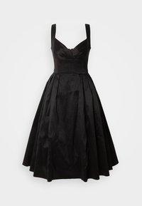 Black A-line dress with a fitted bodice, wide straps, and a pleated skirt. Made from a textured fabric, featuring a subtle sheen. Zipper closure at the back.
