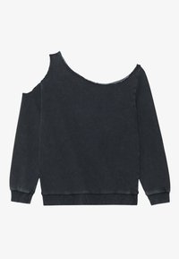 Svart avkortet genser med bare skuldre laget av teksturert stoff, med en uferdig kant ved halsen og smale lange ermer. Ingen mønstre eller aksenter.