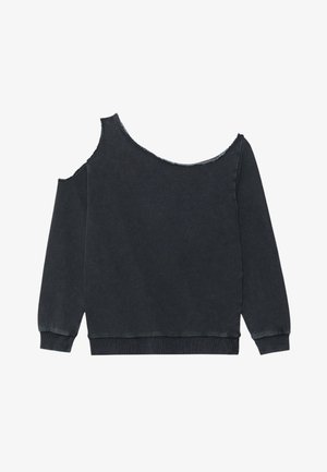 Svart avkortet genser med bare skuldre laget av teksturert stoff, med en uferdig kant ved halsen og smale lange ermer. Ingen mønstre eller aksenter.