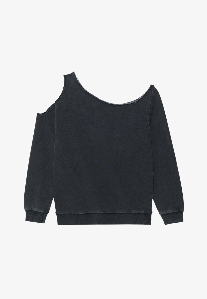 Felpa nera senza spalle realizzata in tessuto testurizzato, con scollatura a taglio vivo e maniche lunghe affusolate. Nessun motivo o accento.