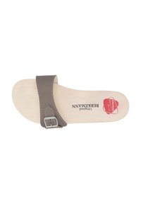 Brown leather slide sandal with a wide strap, silver buckle accent, and a light wooden footbed. Features smooth texture with contrasting stitching.