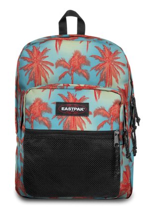 Backpack with a blue background and large red palm tree pattern, featuring a black mesh front pocket and Eastpak logo. Zippered closures.