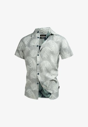 Chemise grise à manches courtes avec un motif de feuilles blanches, des boutons bleus et un intérieur vert foncé contrastant avec des motifs de palmiers similaires.