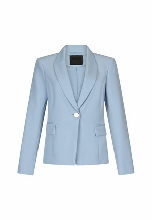 Light blue blazer made of smooth fabric, featuring a single button closure, notched lapels, and two front pockets. Tailored fit.