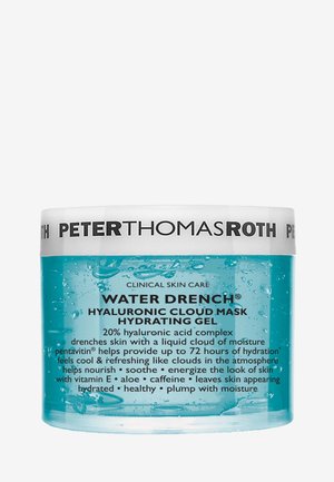 Klares Glas mit blauem Gel, beschriftet mit Peter Thomas Roth Water Drench Hyaluronic Cloud Mask Hydrating Gel, mit Feuchtigkeits- und Hautpflegevorteilen.