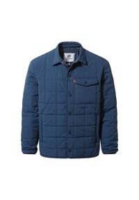 Navy quilted jacket with a button-up front, a single chest pocket, and black buttons. Features a classic collar and lightweight material.
