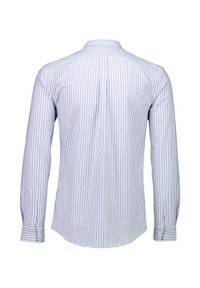 Camicia a maniche lunghe a righe in azzurro chiaro e bianco. Presenta un collo classico e polsini con bottoni. Realizzata in tessuto morbido con righe verticali.
