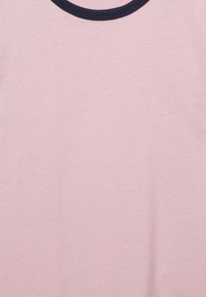 Light pink fabric with a round dark navy collar edge, showing soft texture and subtle fabric weave.