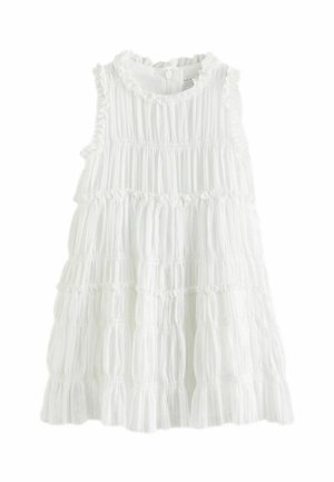 Robe blanche sans manches pour tout-petit avec col volanté, tissu froncé à étages et fermeture éclair au dos.