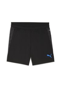 Črne atletske kratke hlače iz lahkega materiala, s gladko teksturo, modrim logotipom Puma in elastičnim pasom z mrežastimi detajli.