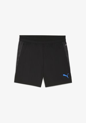 Μαύρα αθλητικά σορτς από ελαφρύ ύφασμα, με ομαλή υφή, μπλε λογότυπο Puma και ελαστική μέση με διχτυωτές λεπτομέρειες.
