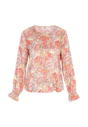 Langærmet bluse med rund halsudskæring med pink, orange, gul og grå blomster-paisleymønster og rynkede manchetter.