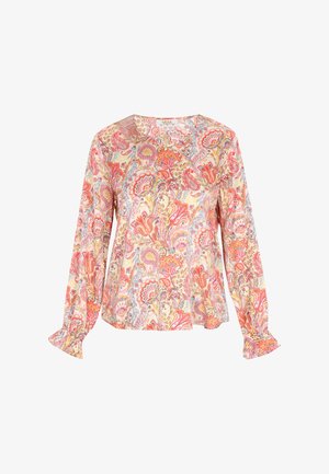 Hosszú ujjú blúz kerek nyakkivágással, rózsaszín, narancssárga, sárga és szürke virágos paisley mintával és ráncolt mandzsettákkal.