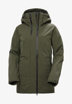 Olivgrüne, wasserdichte Jacke mit Kapuze, vorderem Reißverschluss, Seitentaschen und elastischen Bündchen. Merkmale sind eine glatte Textur und ein minimalistisches Design.