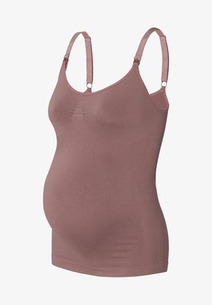Maternity tank top in dusty rose, ribbed texture, adjustable straps, and a stretchy design for comfort and support during pregnancy.