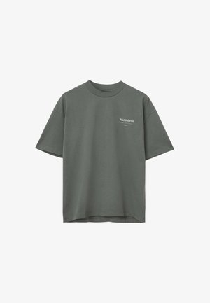 T-shirt en coton gris avec col rond et manches courtes. Présente le logo "ALLSAINTS" en blanc sur la poitrine gauche. Design simple et sans ornement.