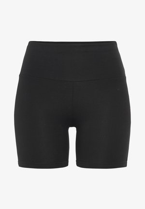 Black high-waisted shorts made from stretchy material, featuring a smooth texture and a fitted design with mid-thigh length.