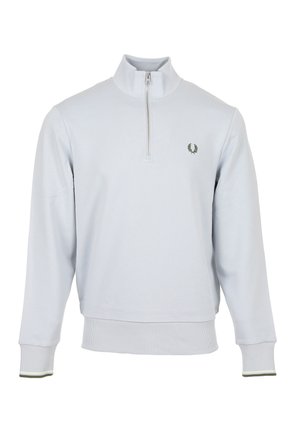 Pullover grigio chiaro a maniche lunghe con cerniera a un quarto, polsini e orlo a coste e piccolo logo di alloro verde scuro sul petto sinistro.