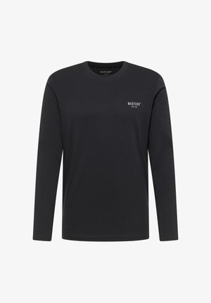 T-shirt noir à manches longues en coton, avec un col rond et un petit logo blanc sur le côté gauche de la poitrine. Texture lisse, coupe régulière.