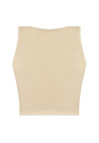 Beige verkürztes Tanktop mit glatter Textur, rundem Halsausschnitt und breiten Schulterträgern. Besitzt saubere Kanten und minimale Nähte.