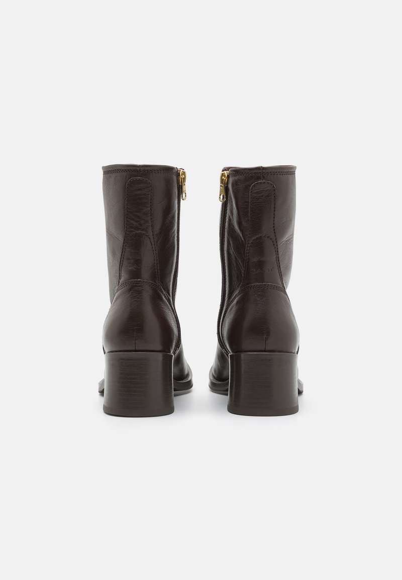 Dunkelbraune Lederstiefeletten mit Blockabsätzen und goldenen Reißverschlüssen, von hinten gesehen vor einem weißen Hintergrund.