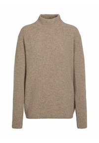 Beżowy prążkowany sweter dziany z wysokim kołnierzem, luźnym krojem i długimi rękawami. Materiał o fakturze, miękki i ciepły w wyglądzie. Brak widocznych elementów metalowych.