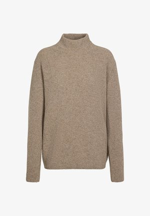 Beige geribbelde gebreide trui met een hoge hals, ontspannen pasvorm en lange mouwen. Gestructureerde stof met een zachte, warme uitstraling. Geen zichtbare hardware.