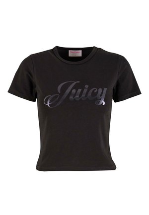 Melna īsām piedurknēm izgatavota kokvilnas T-krekls ar lielu sudraba skriptu "Juicy" logo priekšpusē. Pieguļošs dizains ar klasisku apaļu izgriezumu.